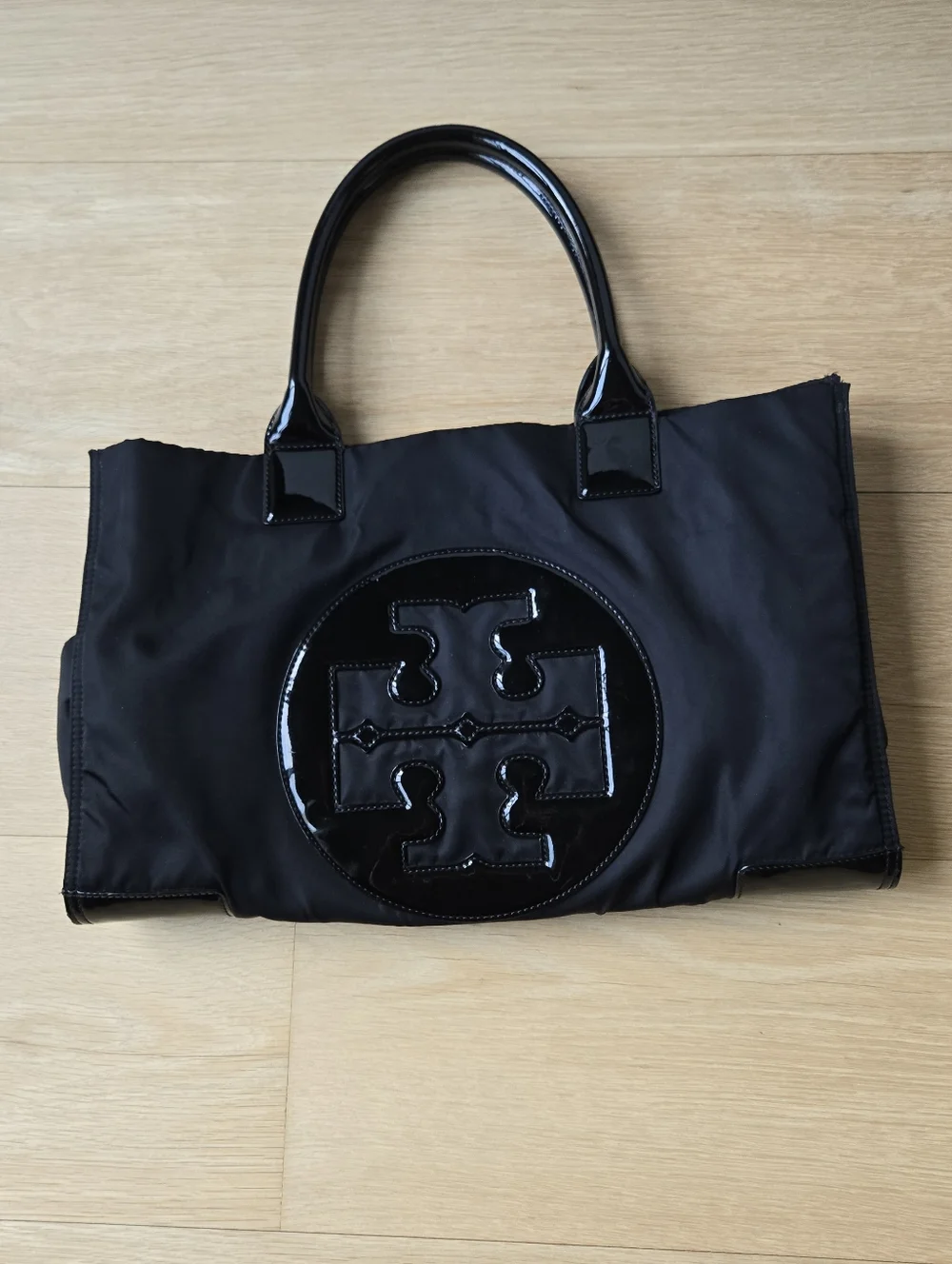 Black Tory Burch Large Ella Nylon Tote with Patent Logo, Handles & Corners